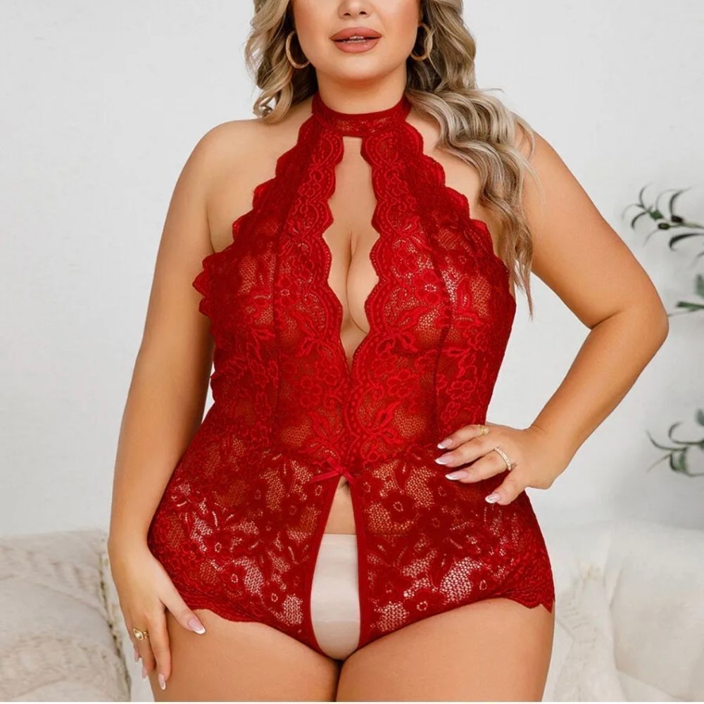 Female See Through Lingerie One Piece Lace Open Crotch Bodysuit Plus Size Womens
